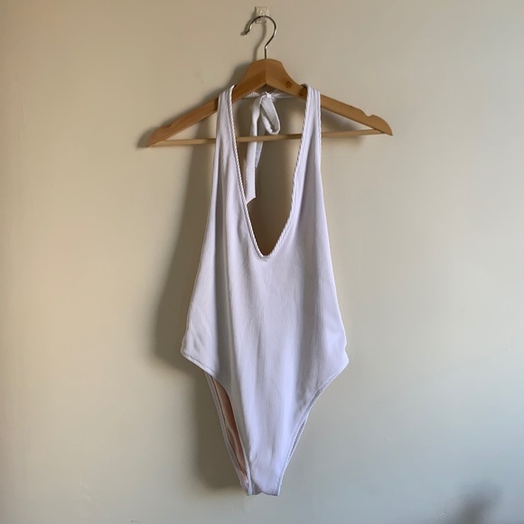 Aerie White Ribbed V Neck Deep Plunge Low Back Swimsuit - Picture 2 of 9